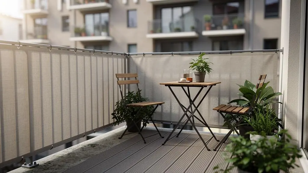 Petit balcon urbain aménagé avec un brise-vue fixé à la rambarde créant un espace intime en ville