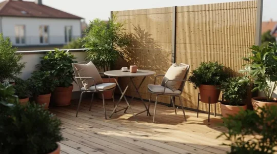 Terrasse contemporaine aménagée avec un brise-vue en bois naturel créant un espace intime et confortable