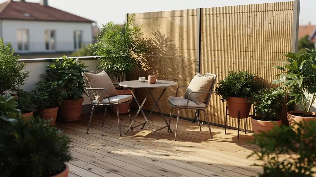 Terrasse contemporaine aménagée avec un brise-vue en bois naturel créant un espace intime et confortable